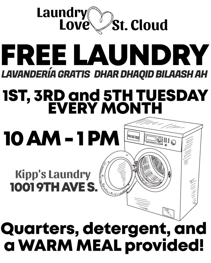 Free Laundry 10am-1pm at Kipp's Laundry 1001 9th Ave S.
Quarters, detergent, and a potluck!