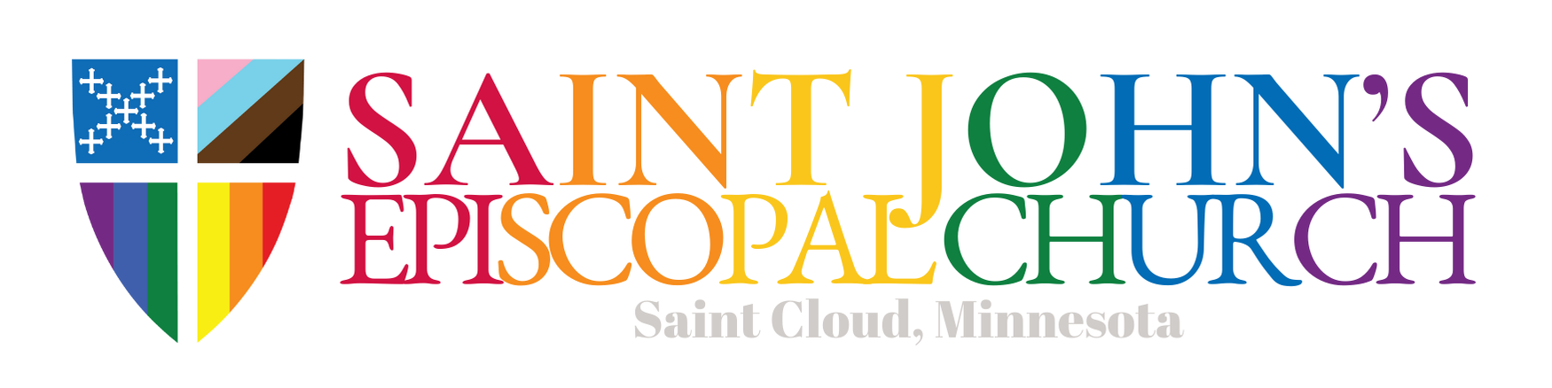 Logo reads "Saint John's Episcopal Church" This version includes the LGBT+ pride episcopal shield, and rainbow text. 