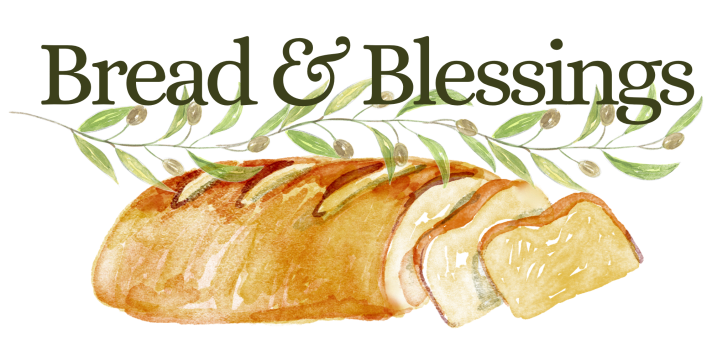 Logo done in watercolor-style, dark olive green text that reads "Bread and blessings" there is a warm-toned painting of bread and olive branches. 